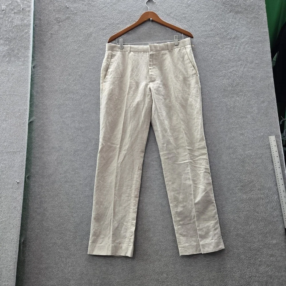 Perry Ellis Men Pants 32X30 Beige Cotton Linen Dress Pants READ